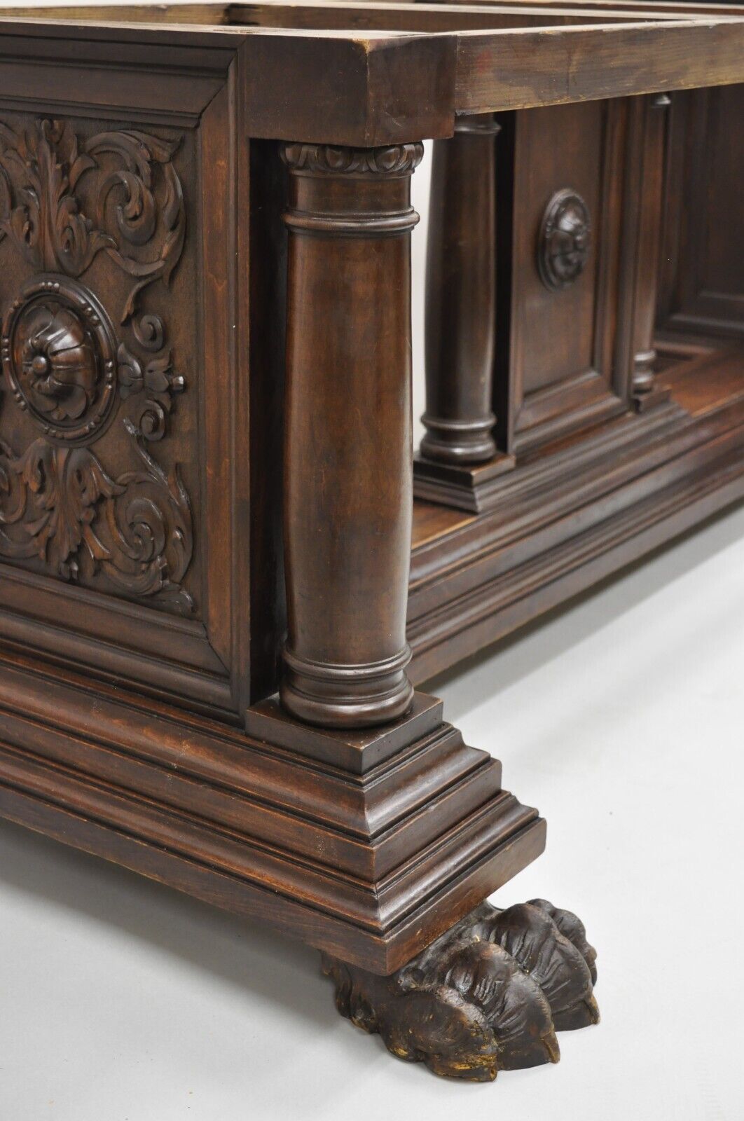 Antique Italian Renaissance Carved Walnut Hairy Paw Foot Desk Console Table Base