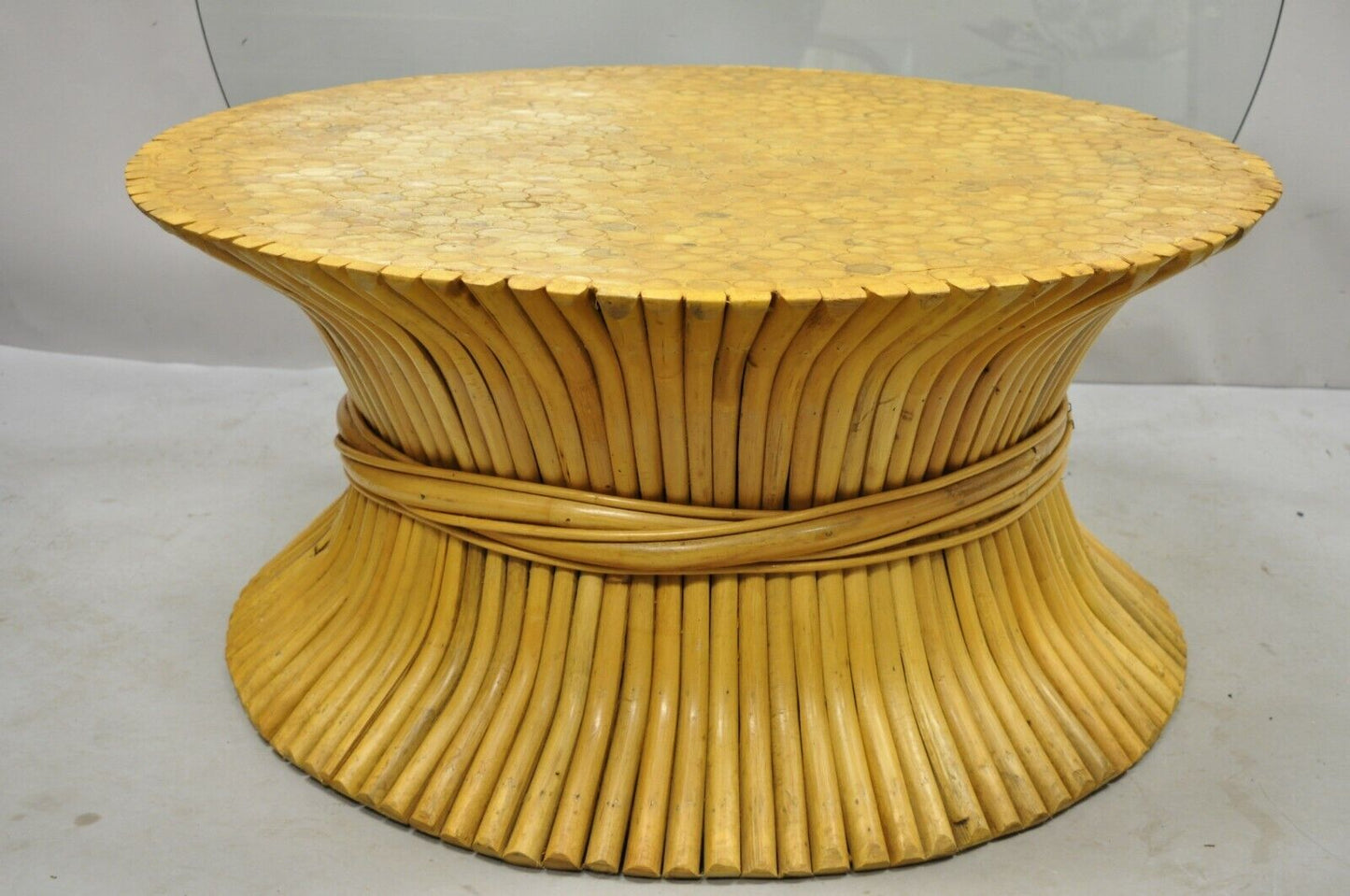 McGuire Style Sheaf of Wheat Bamboo 48" Round Glass Coffee Table