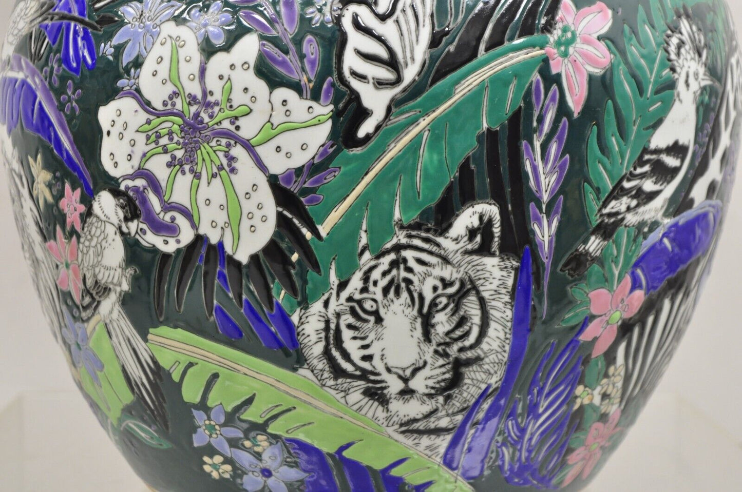 Vintage Japanese Porcelain African Wild Animal Jardiniere Cachepot Planter Pot