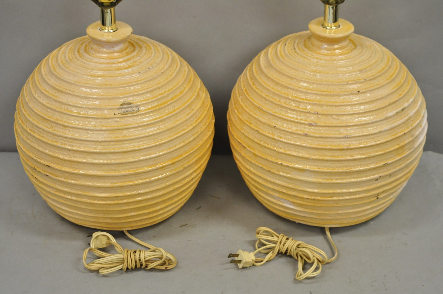 Vintage Mid Century Modern Lacquered Fiberglass Round Beehive Table Lamps - Pair