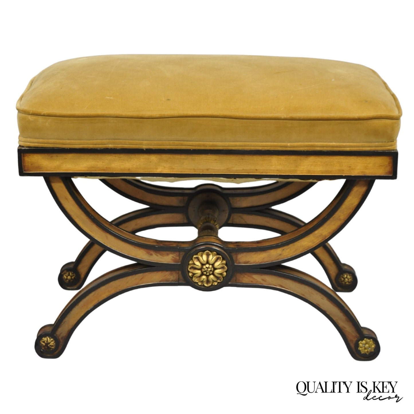 Vintage Italian Regency Style Curule Carved Walnut Upholstered X-Bench Stool