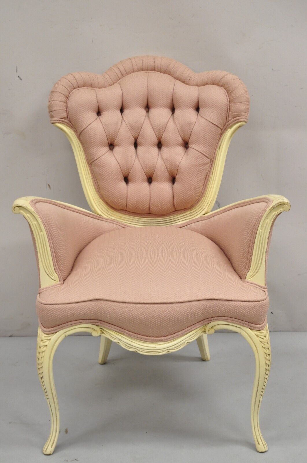 Vintage French Hollywood Regency Flared Arm Cream Painted Pink Arm Chair
