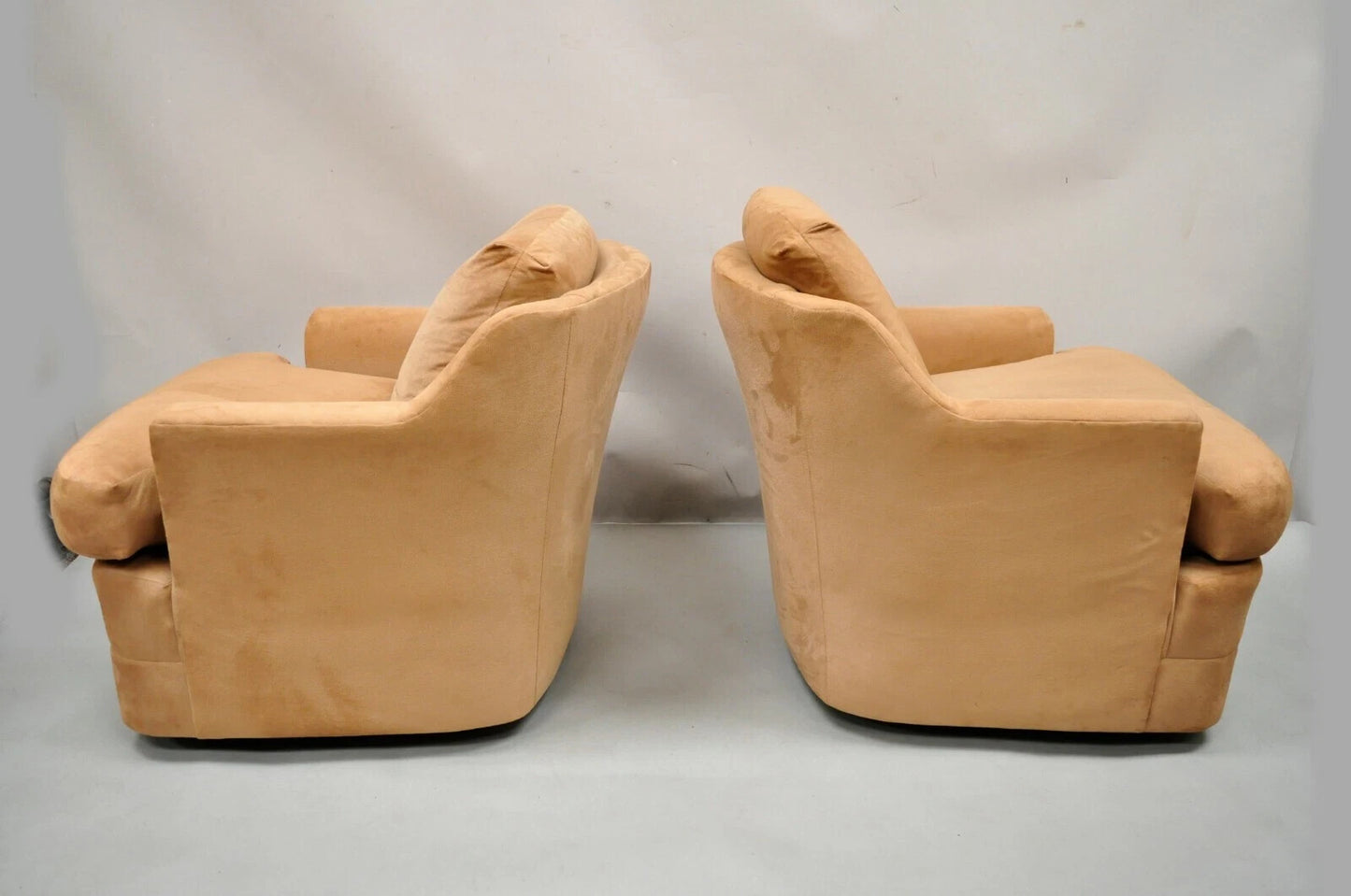 Vintage Mid Century Modern Brown Upholstered Swivel Lounge Club Chairs - a Pair