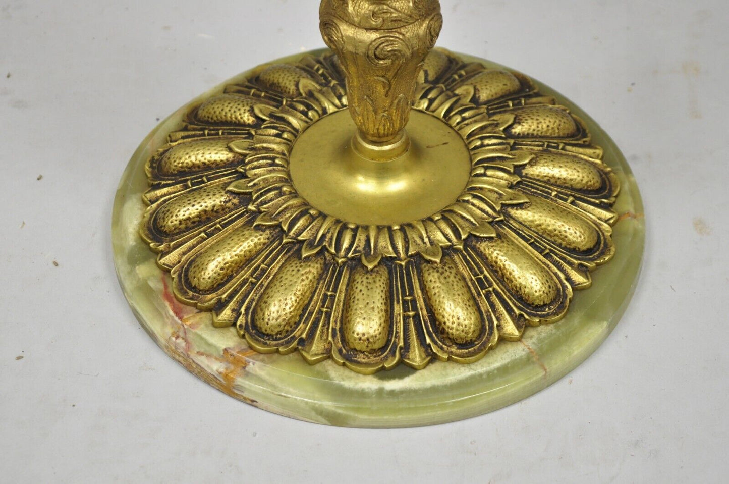 Antique French Victorian Style Green Onyx and Brass Round Pedestal Side Table