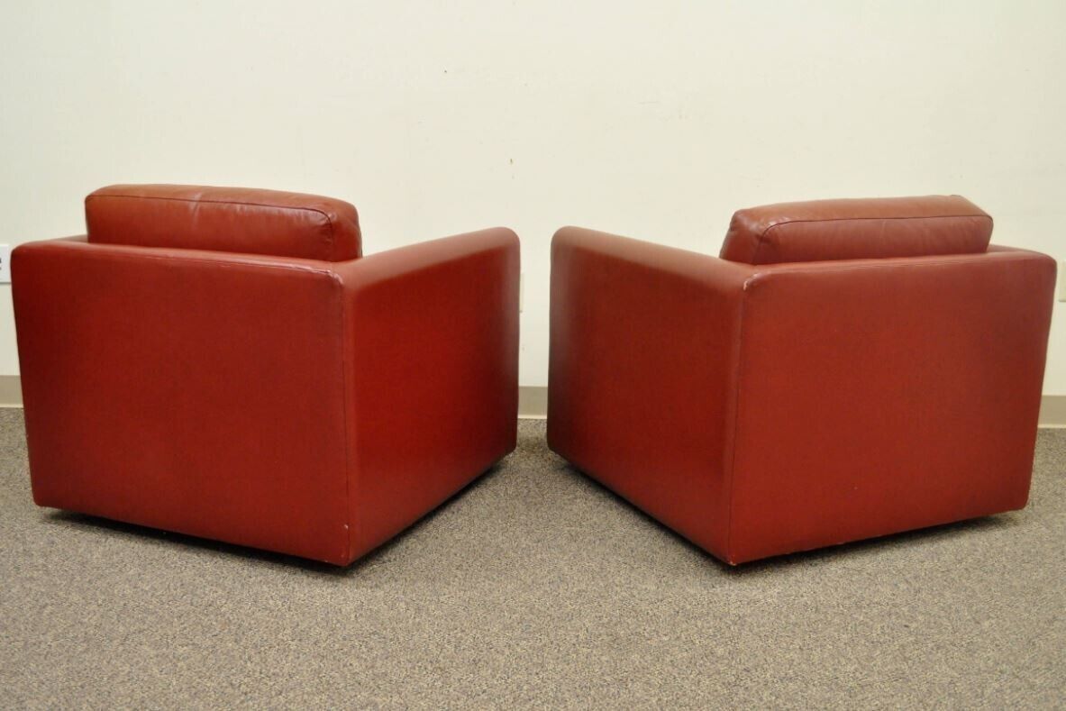 Mid Century Modern Red Leather Cube Club Lounge Chairs on Casters - a Pair