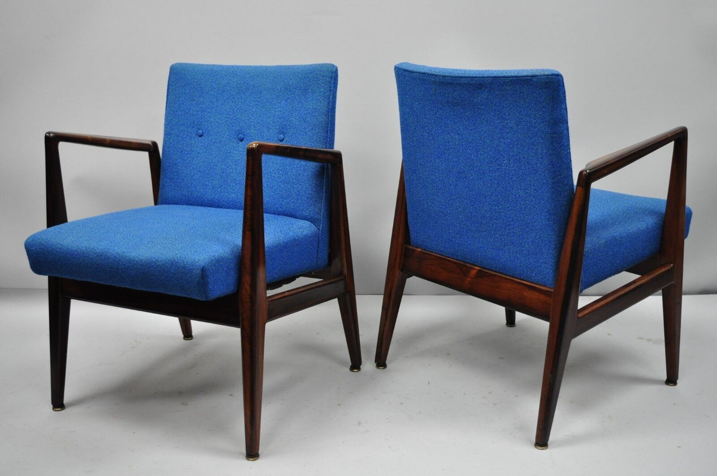 Vintage Jens Risom Rosewood Mid Century Modern Blue Fabric Lounge Chairs - Pair