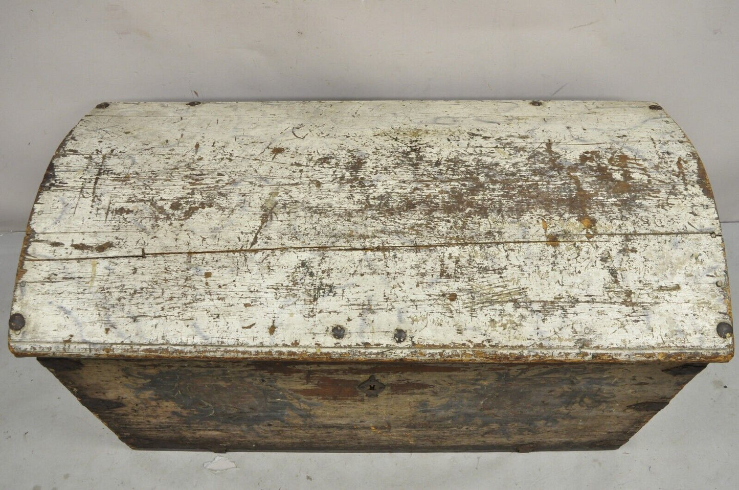 Antique European Painted Large Wooden Dome Top Sea Trunk Treasure Chest