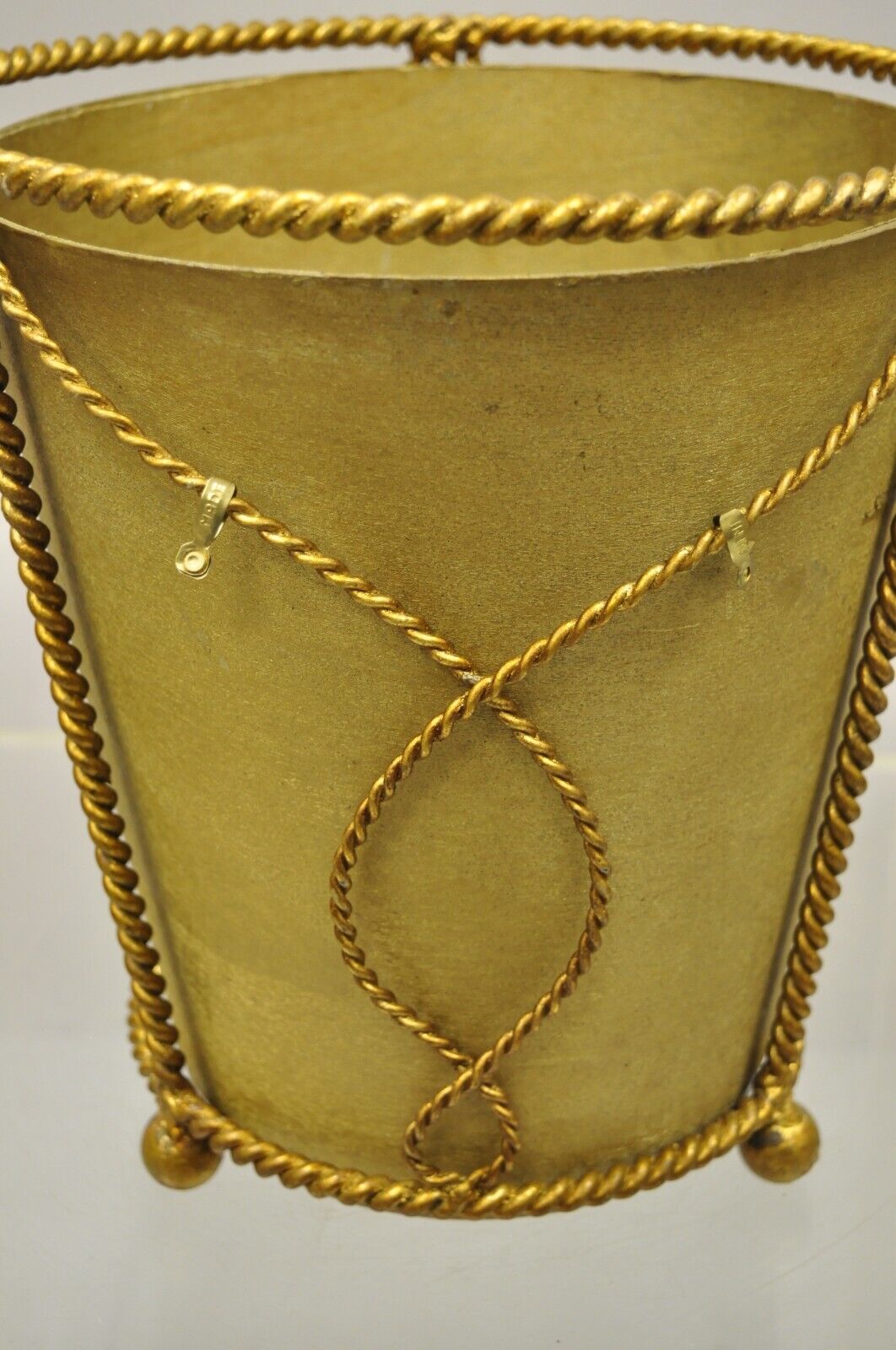 NOS Italian Gold Gilt Iron Hollywood Regency Wastebasket Trashcan with Liner