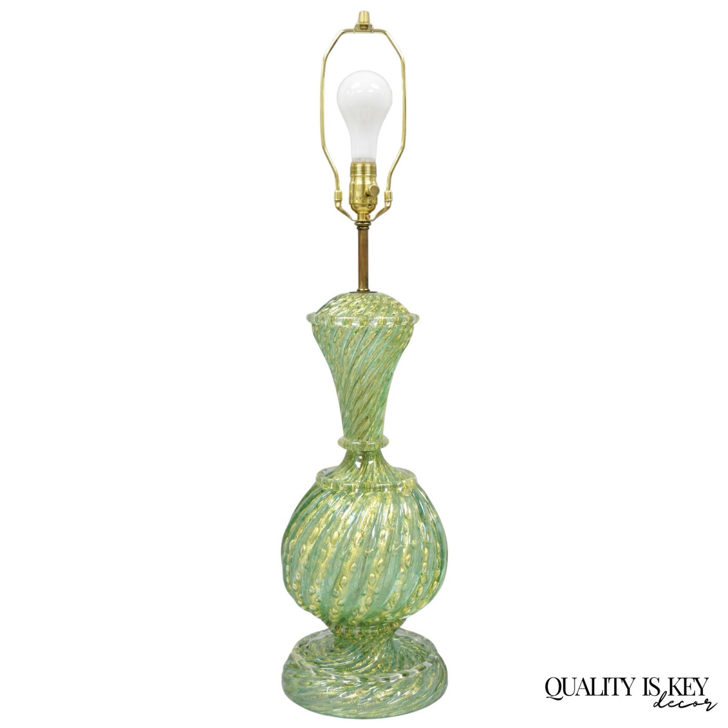 Vintage Barovier & Toso Murano Italy Green Swirl Glass Gold Flecks Table Lamp