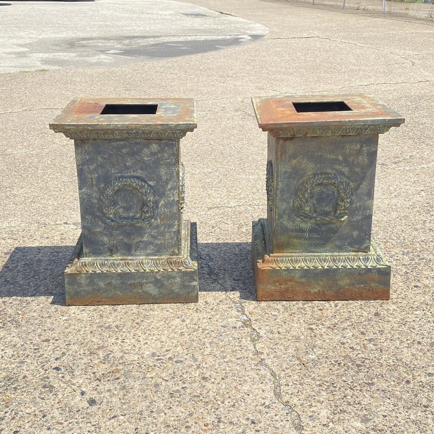 Pair Large Neoclassical Style Cast Iron Wreath Green Garden Urn Pedestal Base