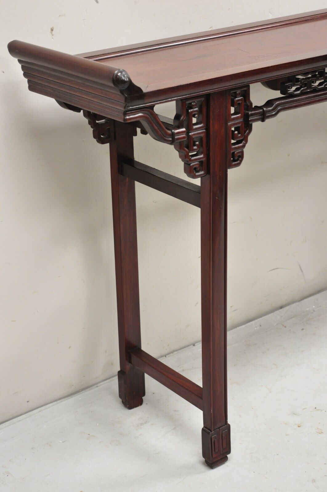 Vintage Chinese Oriental Fretwork Carved Hardwood Altar Console Hall Table