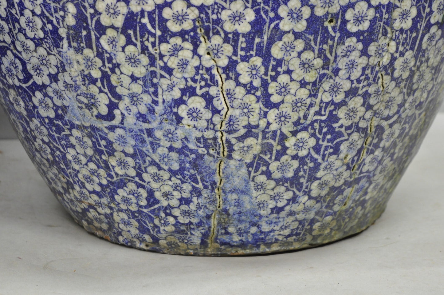 Antique Chinoiserie Large Blue White Terracotta 23" Jardiniere Planter Pot Pair