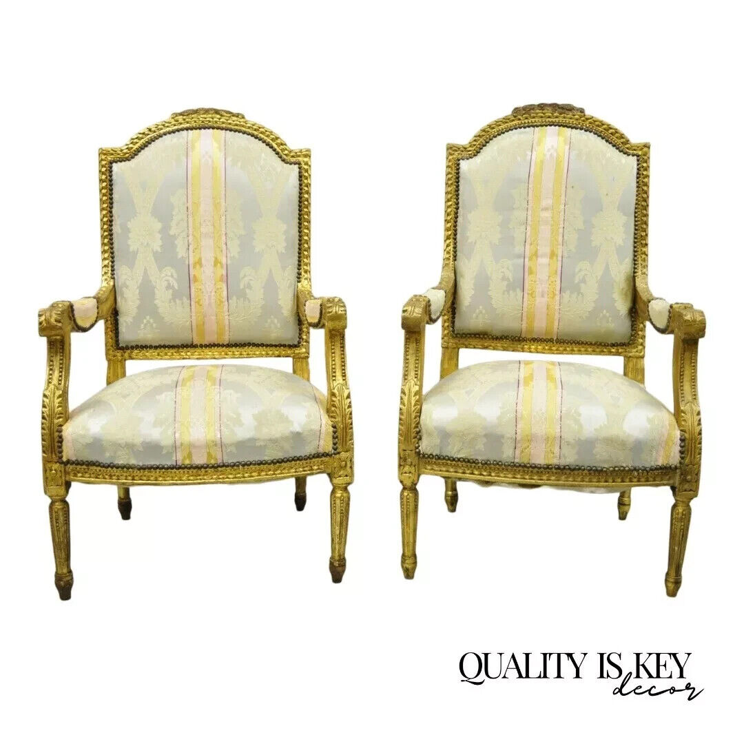 Vintage French Louis XVI Gold Giltwood Upholstered Lounge Chairs (B) - a Pair