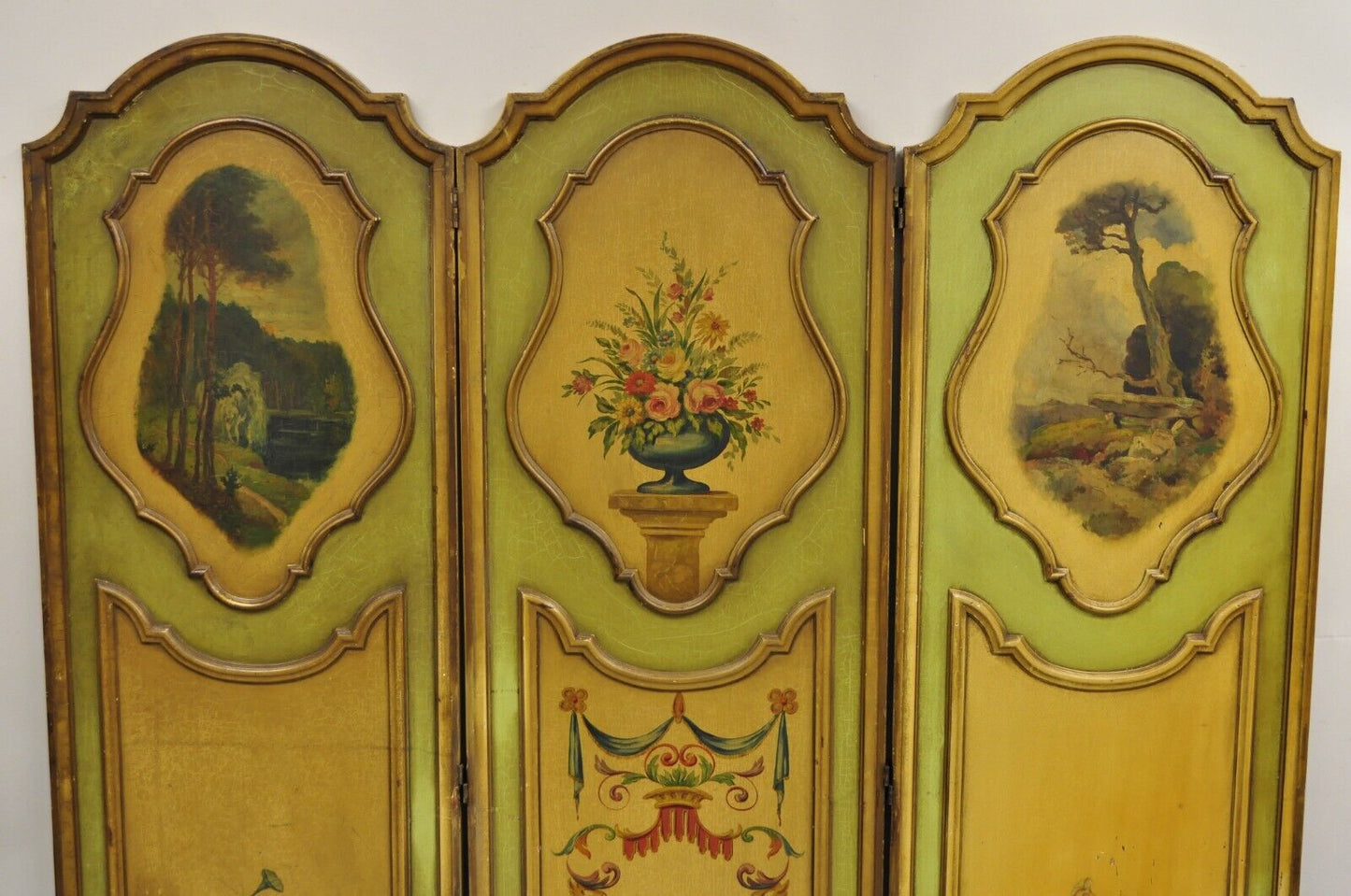 Antique French Louis XV Green Painted Parrot 3 Panel Venetian Room Screen (C)