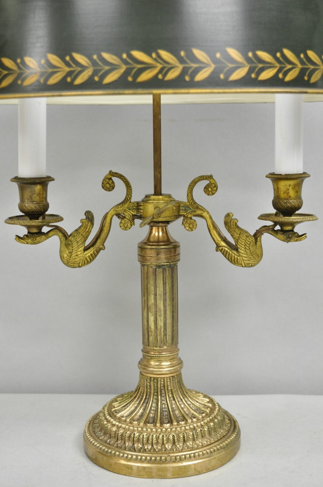 Antique French Empire Bronze Swans Green Tole Metal Shade Bouillotte Table Lamp