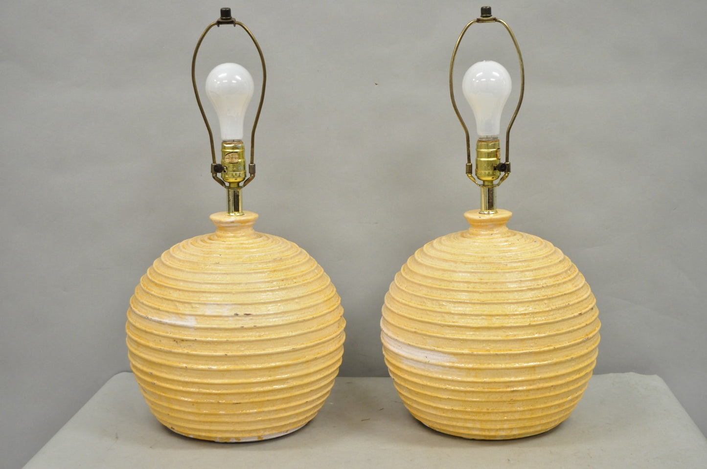 Vintage Mid Century Modern Lacquered Fiberglass Round Beehive Table Lamps - Pair