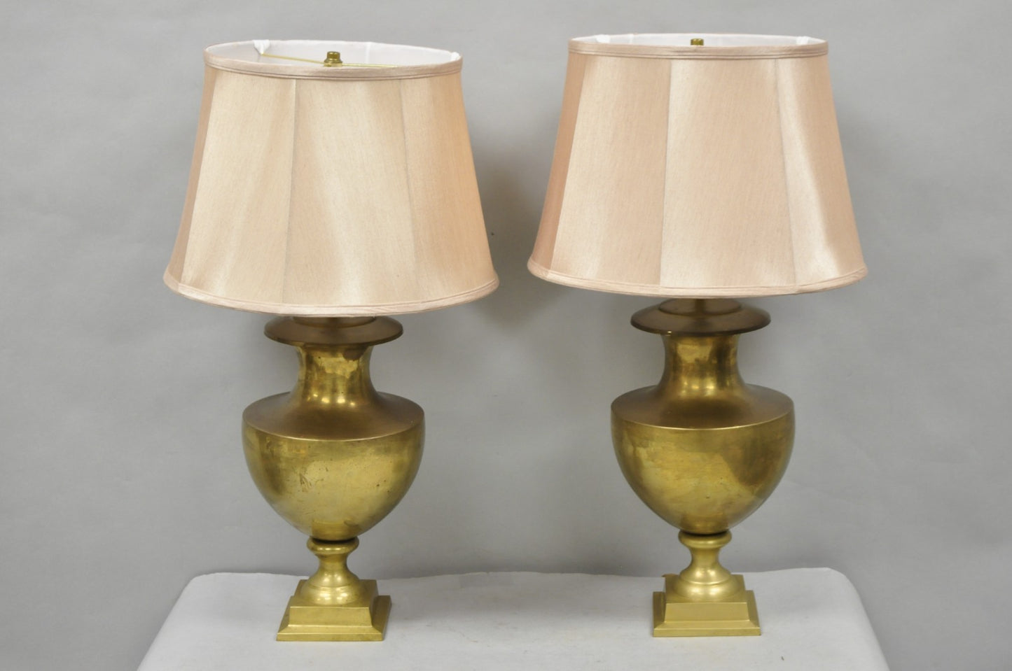 Vintage Hollywood Regency Patinated Brass Jardiniere Urn Table Lamps - a Pair