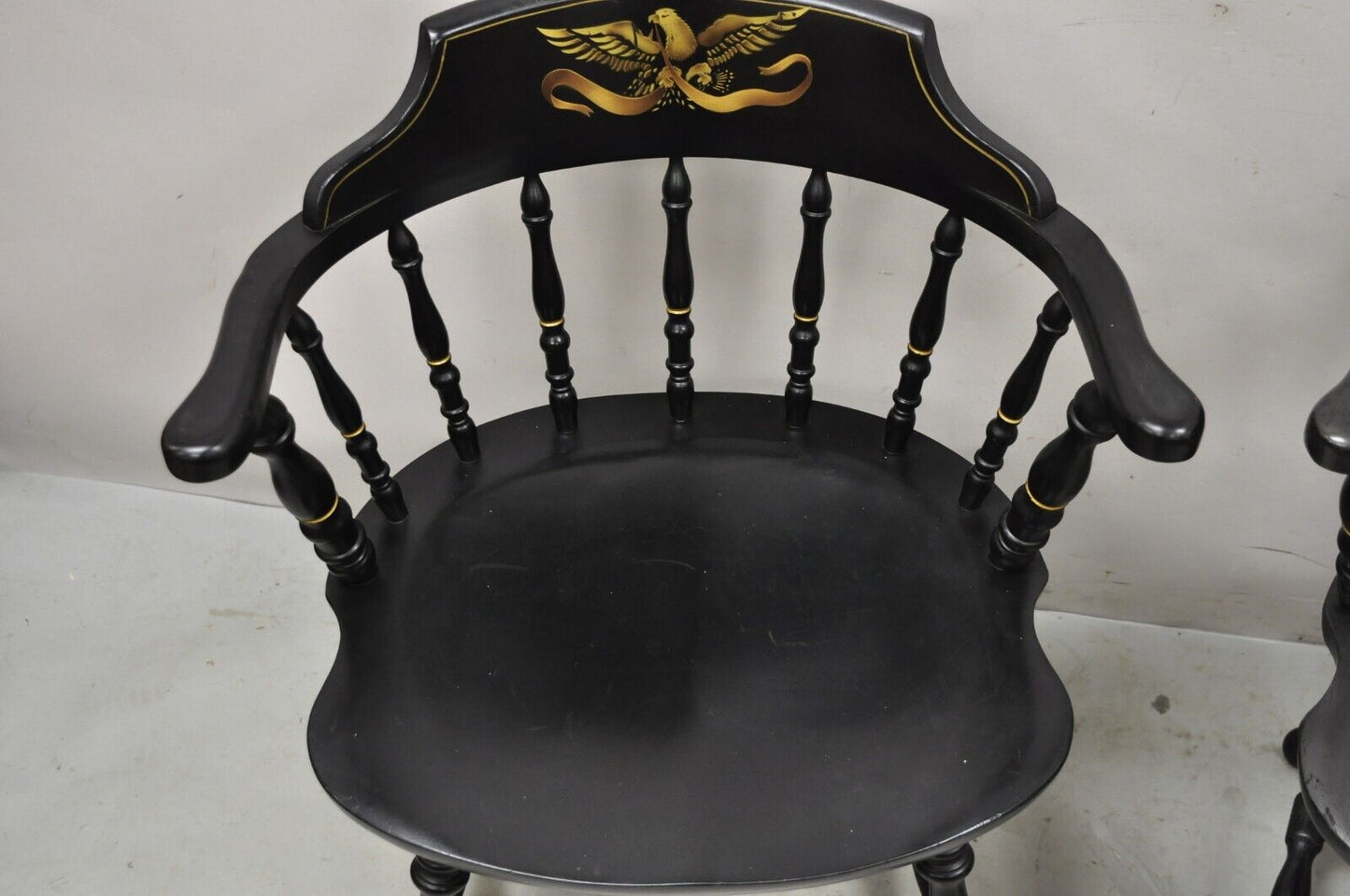 Vintage S. Bent & Bros Black Painted Eagle Colonial Style Pub Chairs - a Pair