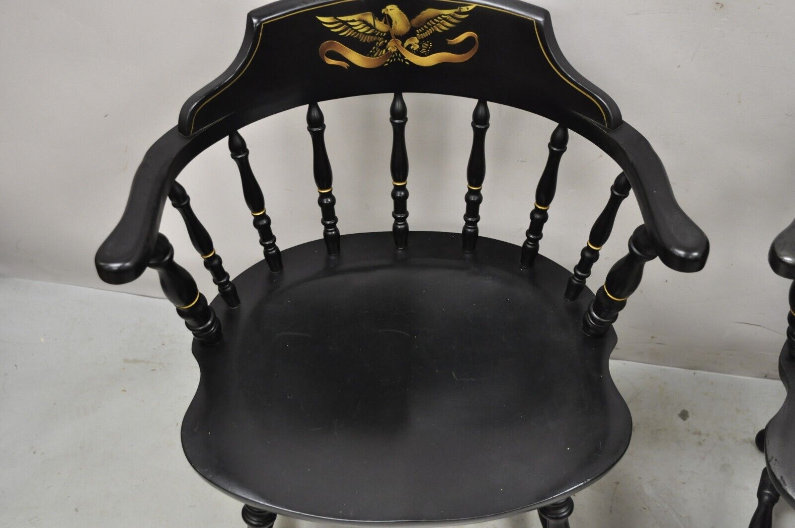 Vintage S. Bent & Bros Black Painted Eagle Colonial Style Pub Chairs - a Pair