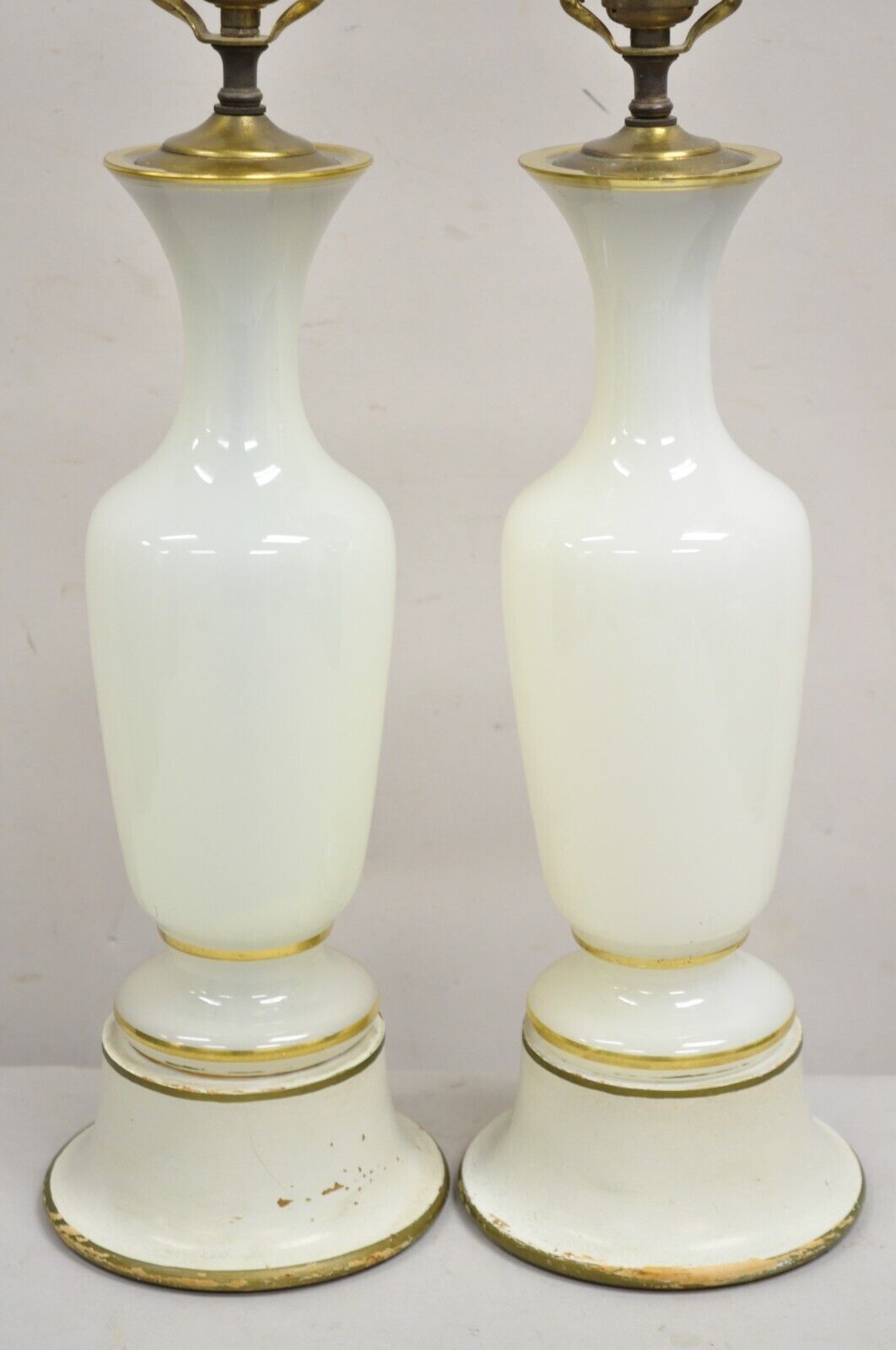 Vintage French Neoclassical Style Opaline Vaseline Glass Table Lamps - A Pair