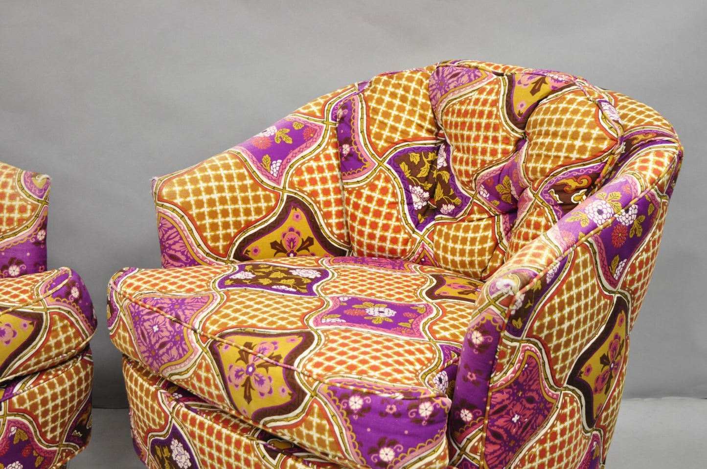 Vintage John Stuart Mid Century Modern Purple Barrel Back Club Lounge Chair Pair