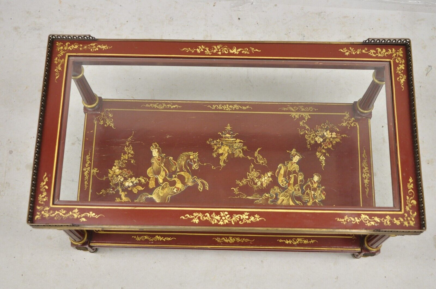 Chinoiserie Red Lacquer Gilt Painted Oriental Asian Glass Top Coffee Table