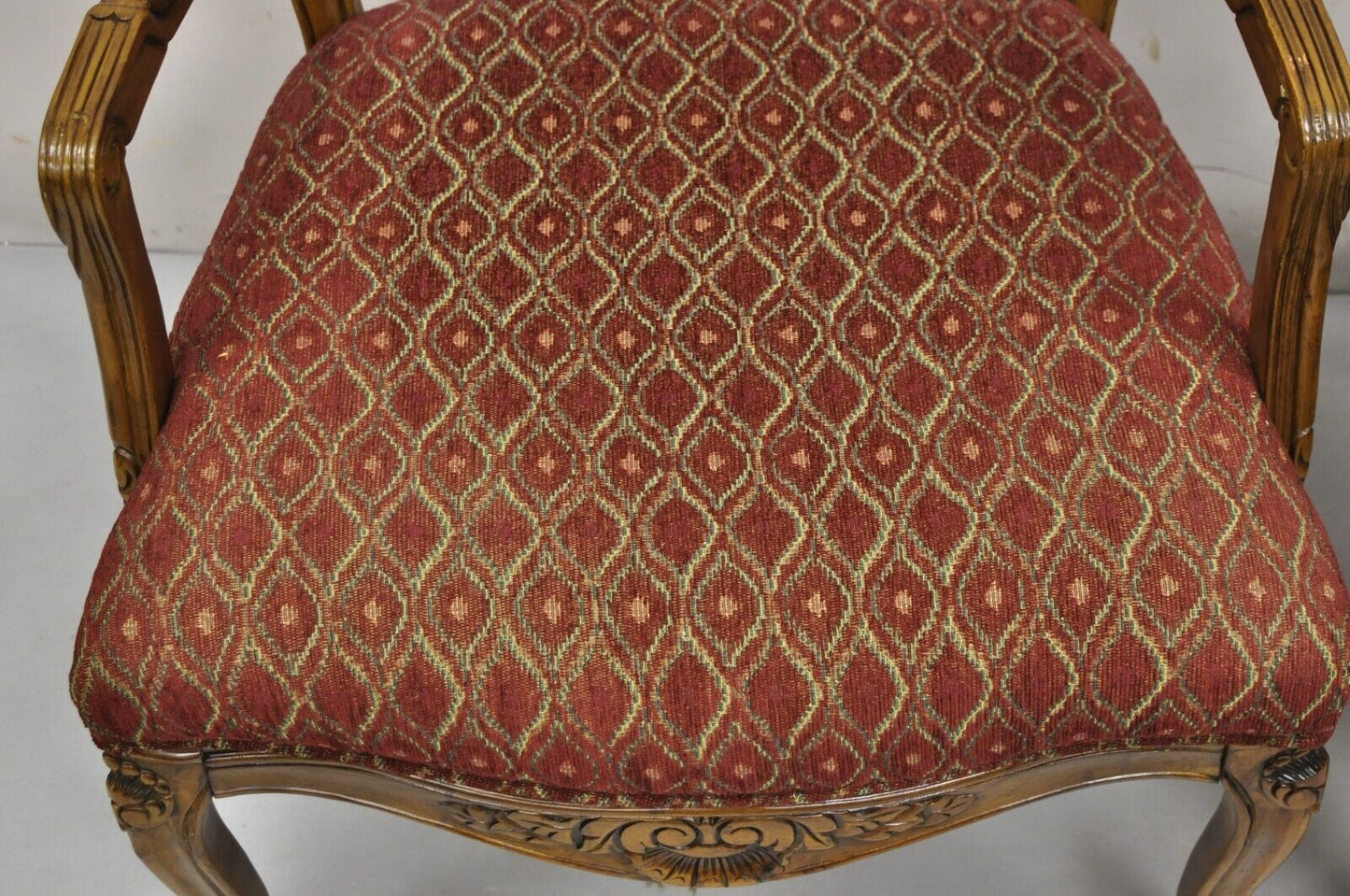 French Country Style Shell Carved Wood Burgundy Upholstered Lounge Chairs - Pair