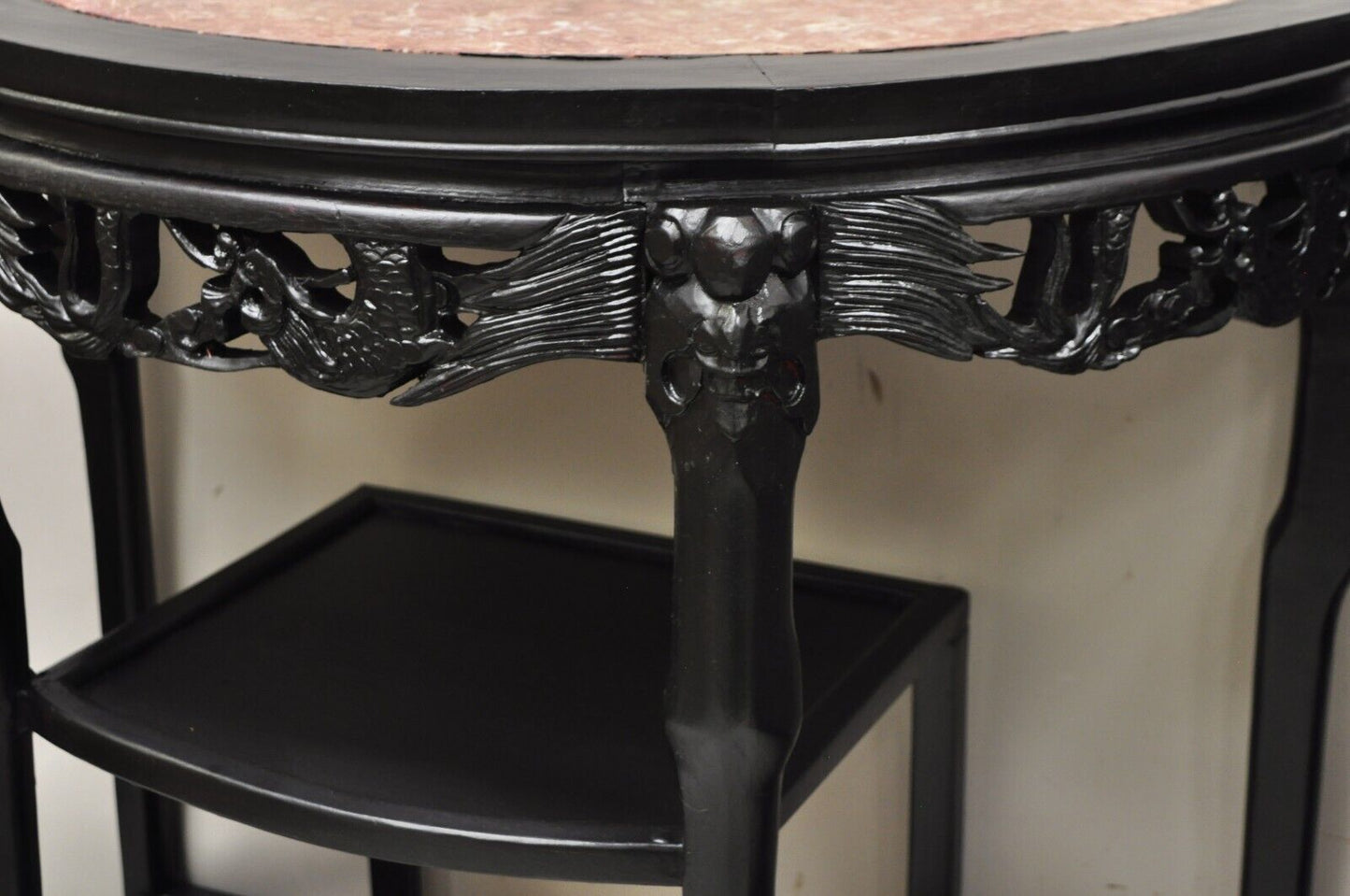 Vintage Chinese Chinoiserie Black Demilune Pink Marble Console Table - a Pair