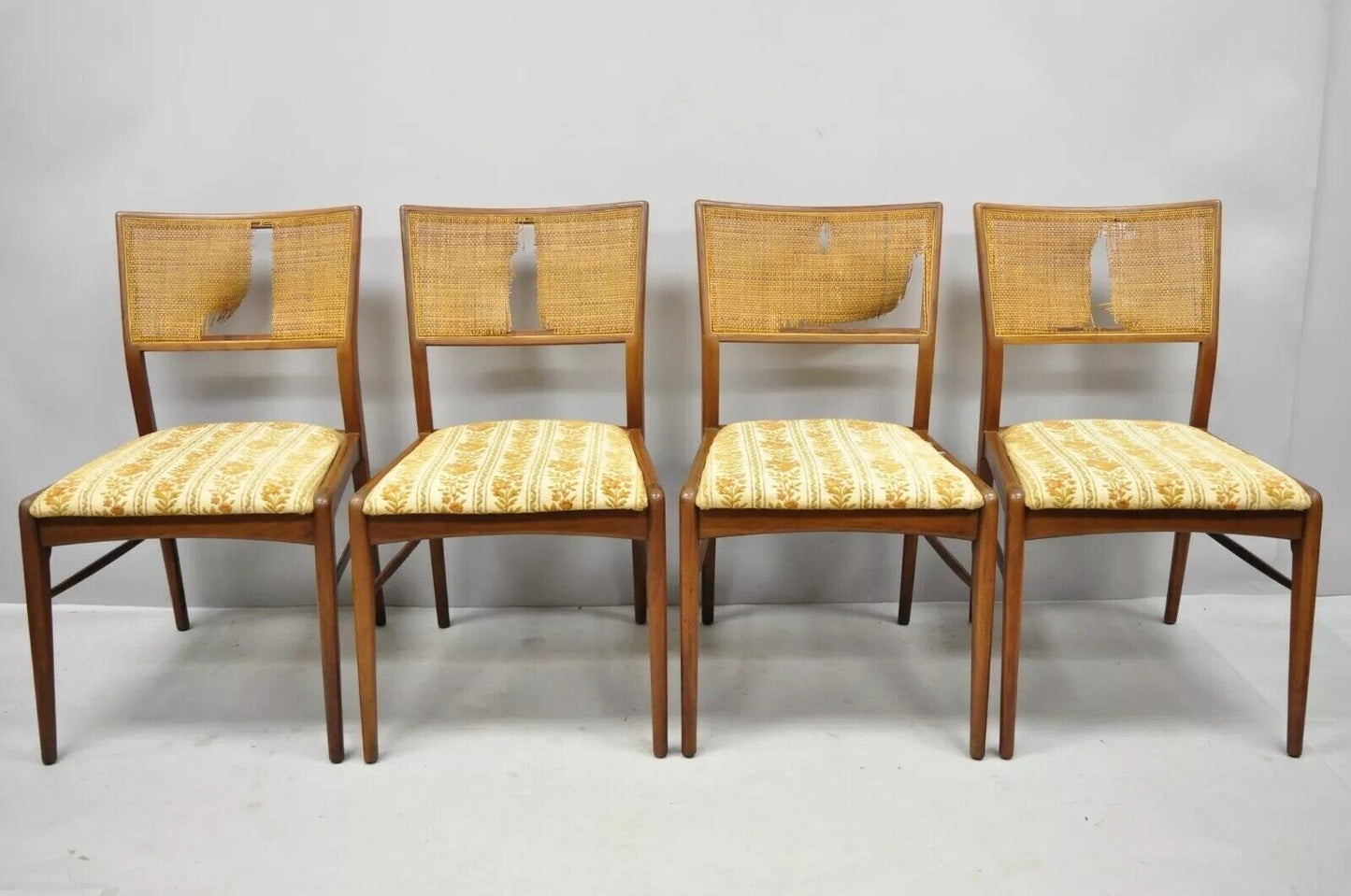 Vintage Mid Century Modern Paul McCobb Style Walnut Cane Dining Chairs - Set 4