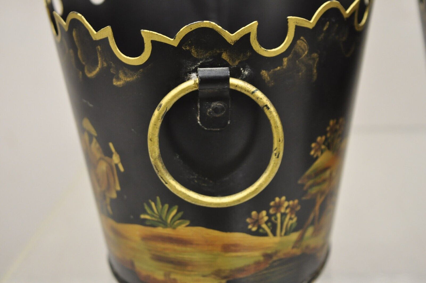 Scalloped Italian Hand Painted Toleware Chinoiserie Black Metal Planter - A Pair