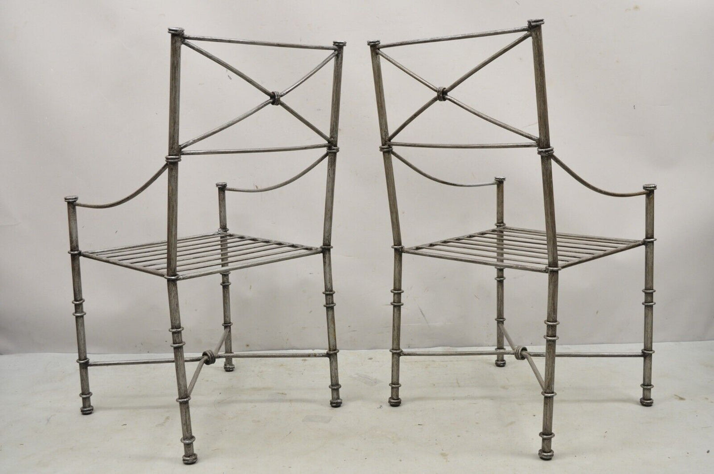 Pier 1 Medici Pewter Wrought Iron Dining Side Chairs - a Pair