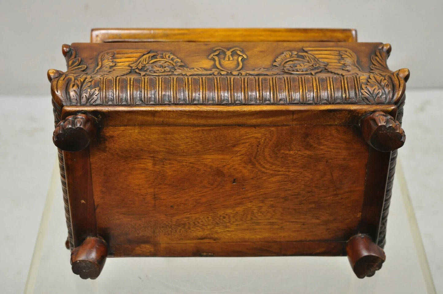 French Empire Rococo Style Carved Mahogany Paw Foot Jewelry Vanity Trinket Box