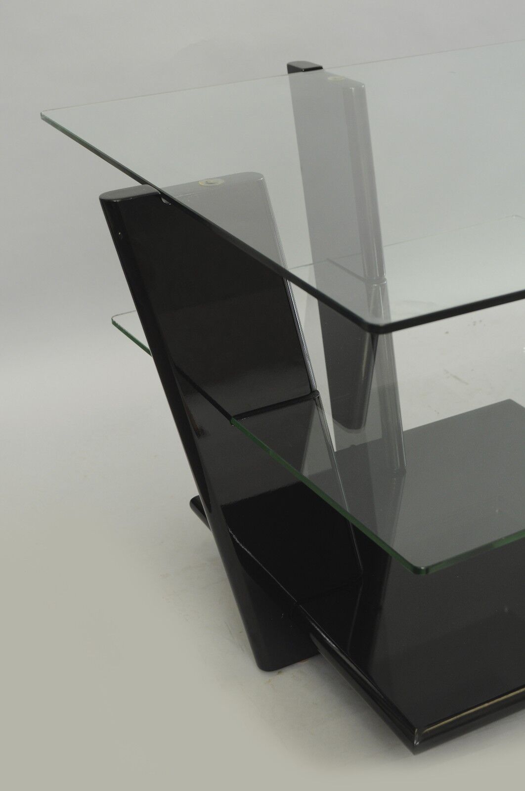 Pair of Contemporary Modern Black Lacquer & Glass 3 Tier End Tables Sculptural