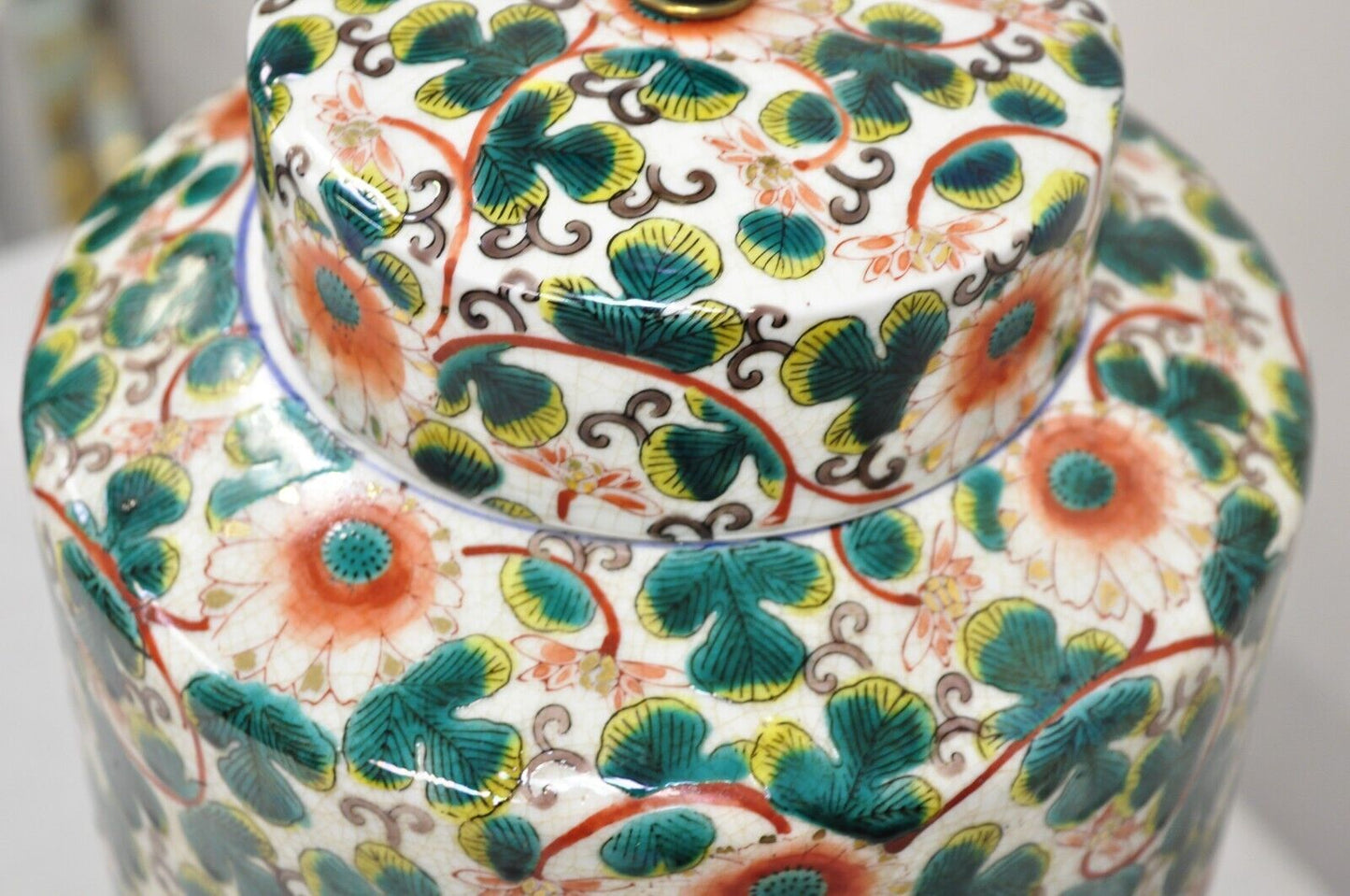Vintage Chinoiserie Chinese Ginger Jar Green Flower Painted Oriental Table Lamp
