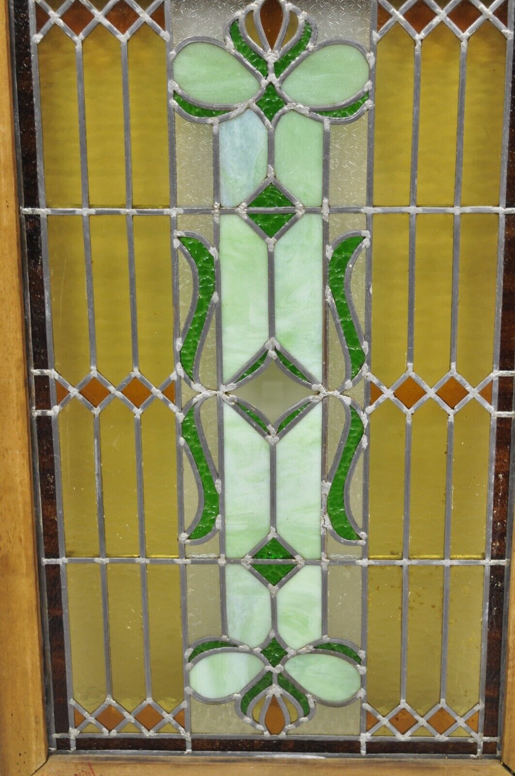 Antique Victorian Leaded Stained Glass Green Amber Tortoise Window in Wood Frame