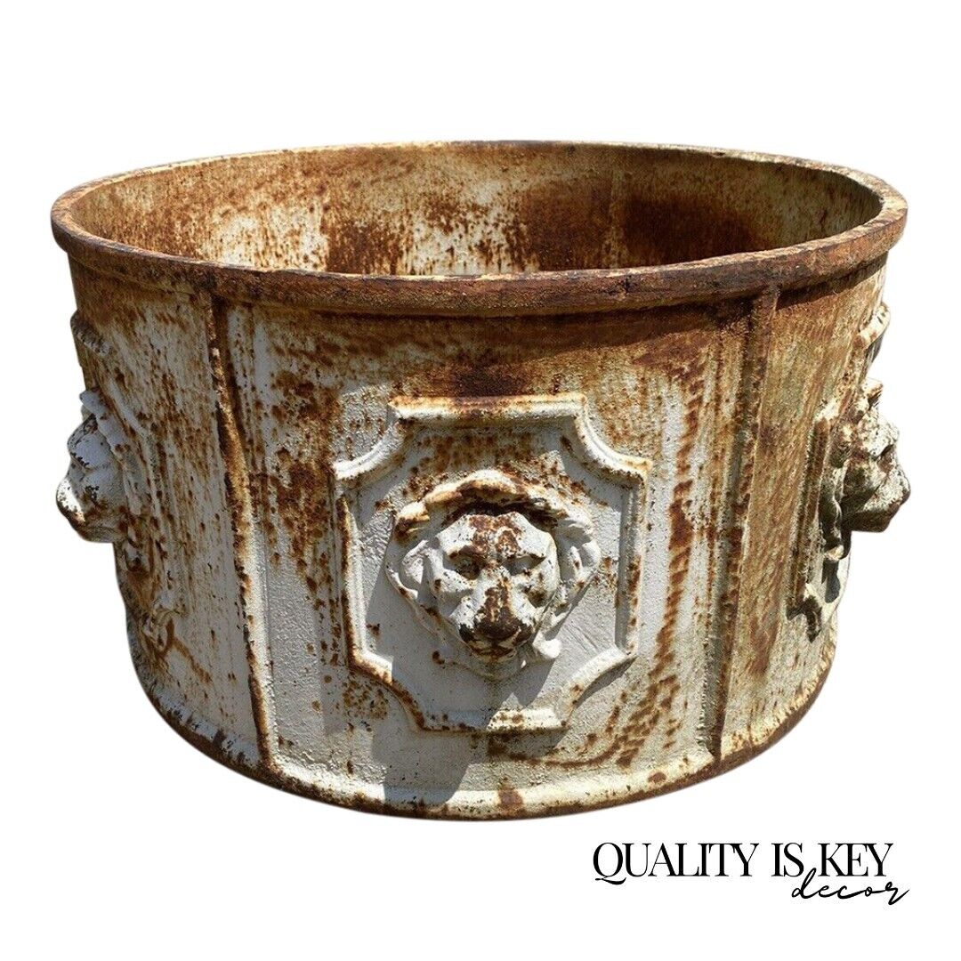 Cast Iron English Style 20" Round Lion Heads White Outdoor Garden Planter Pot