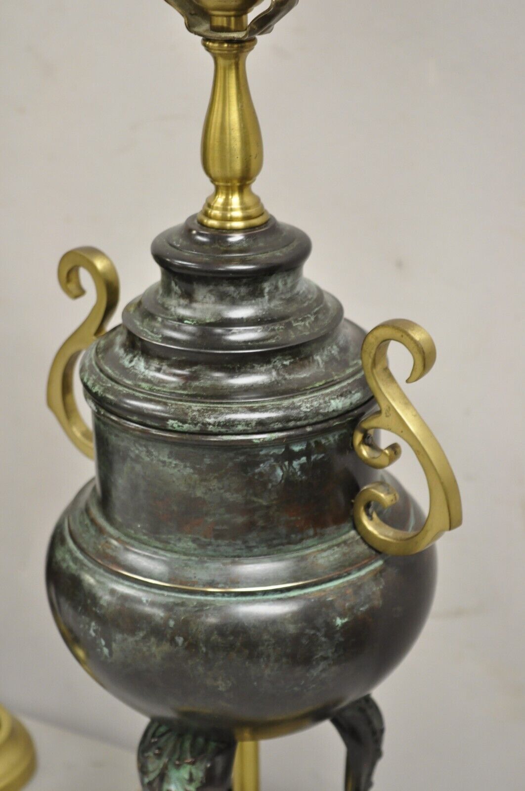 Chinoiserie Asian Verdigris Green Bronze Censor Table Lamp by Wildwood - a Pair