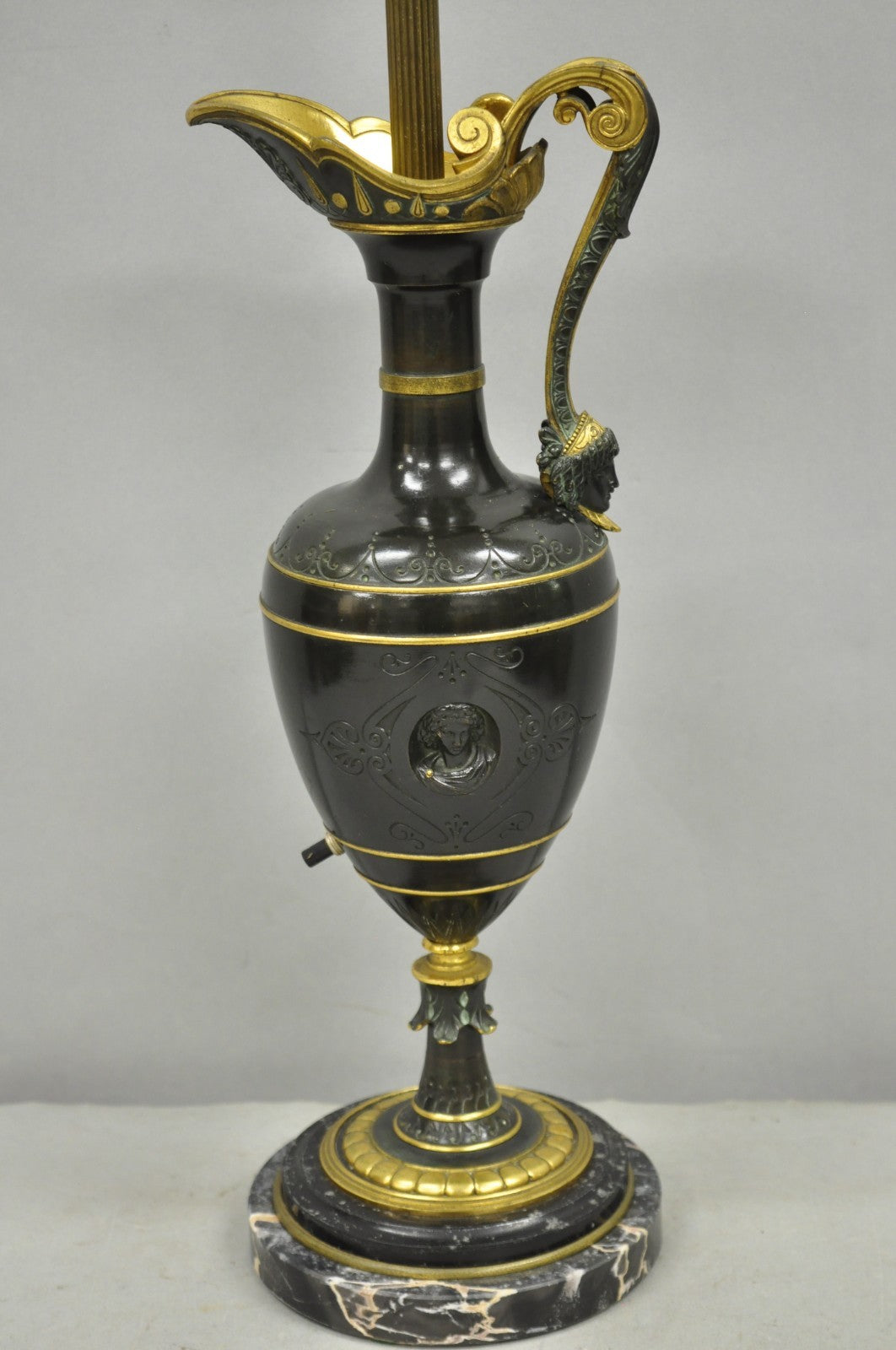 Antique French Neoclassical Patinated & Gilt Bronze Figural Ewer Urn Table Lamp