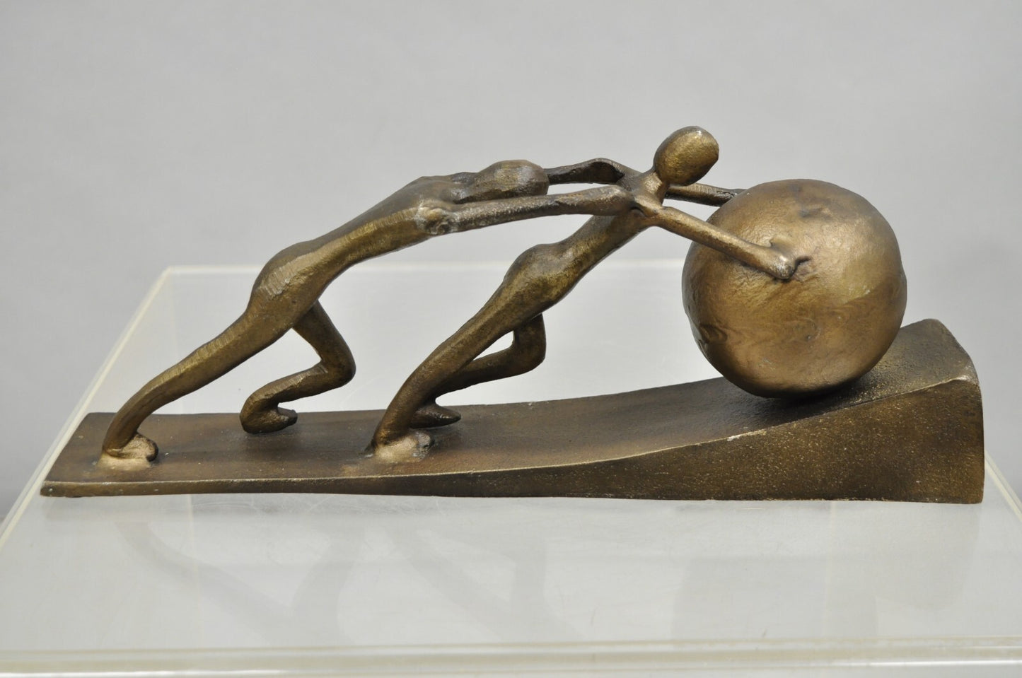 Modern Abstract Brutalist Cast Metal Sculpture Figures Pushing Boulder up Hill