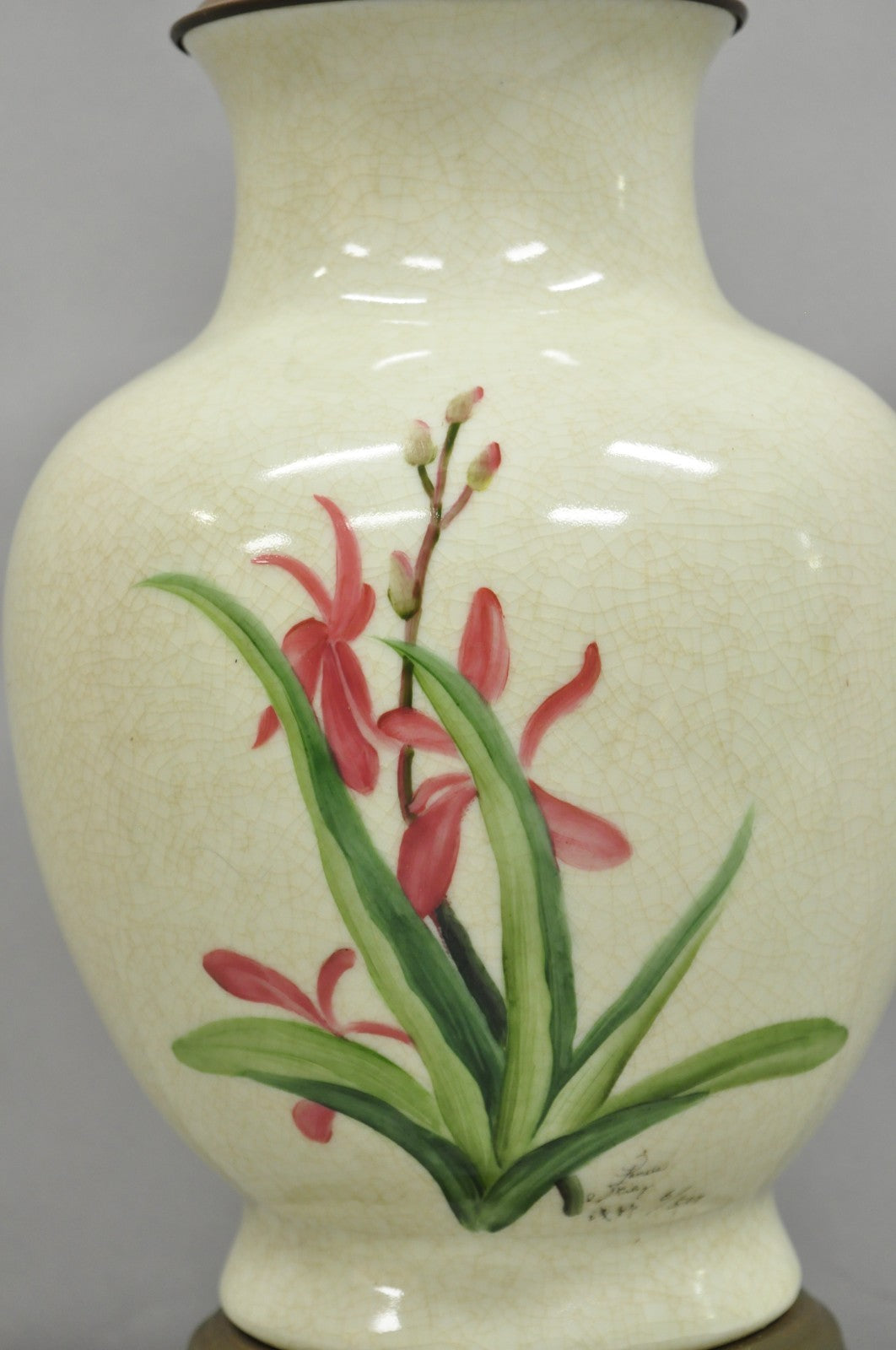 Vintage Art Nouveau Style Pink Flower Painted Porcelain Table Lamp by Wildwood