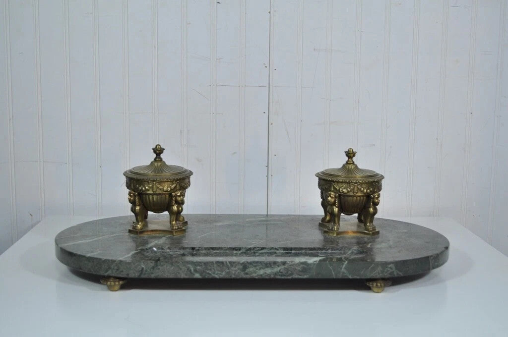 Antique French Empire Figural Bronze Sphinx Green Marble Desk Top Double Inkwell