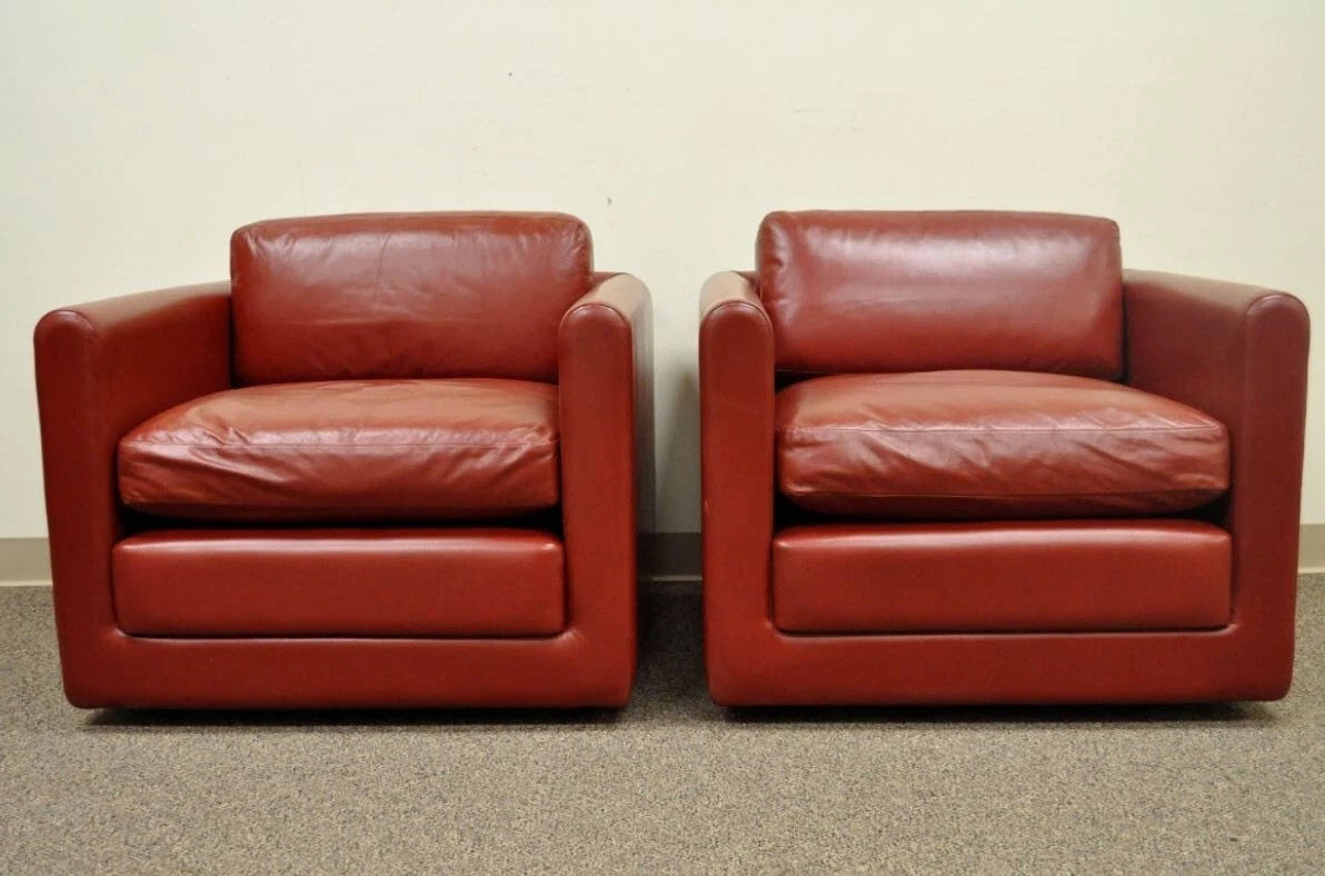 Vintage Mid Century Modern Red Leather Cube Club Lounge Chairs on Casters - Pair