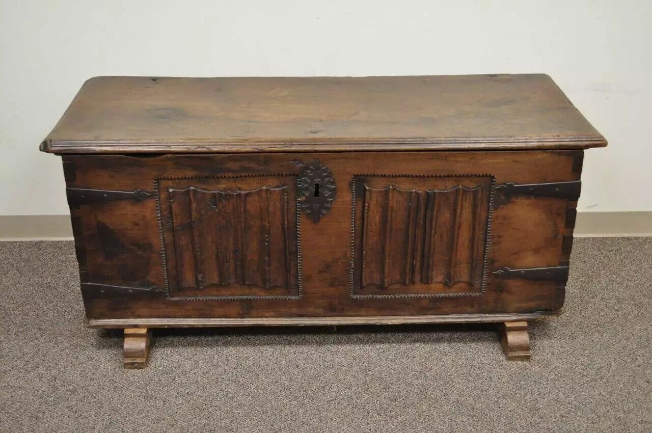 Antique 18th C. Gothic Renaissance Chestnut Large Coffer Blanket Chest Trunk