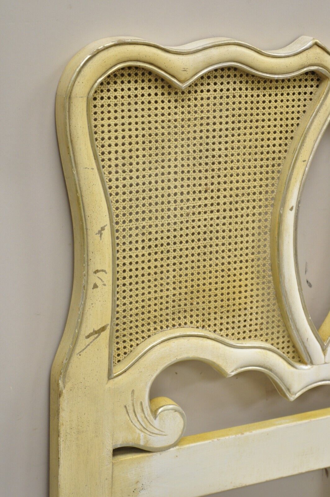 Vintage French Provincial Hollywood Regency Cream Painted Cane King Headboard