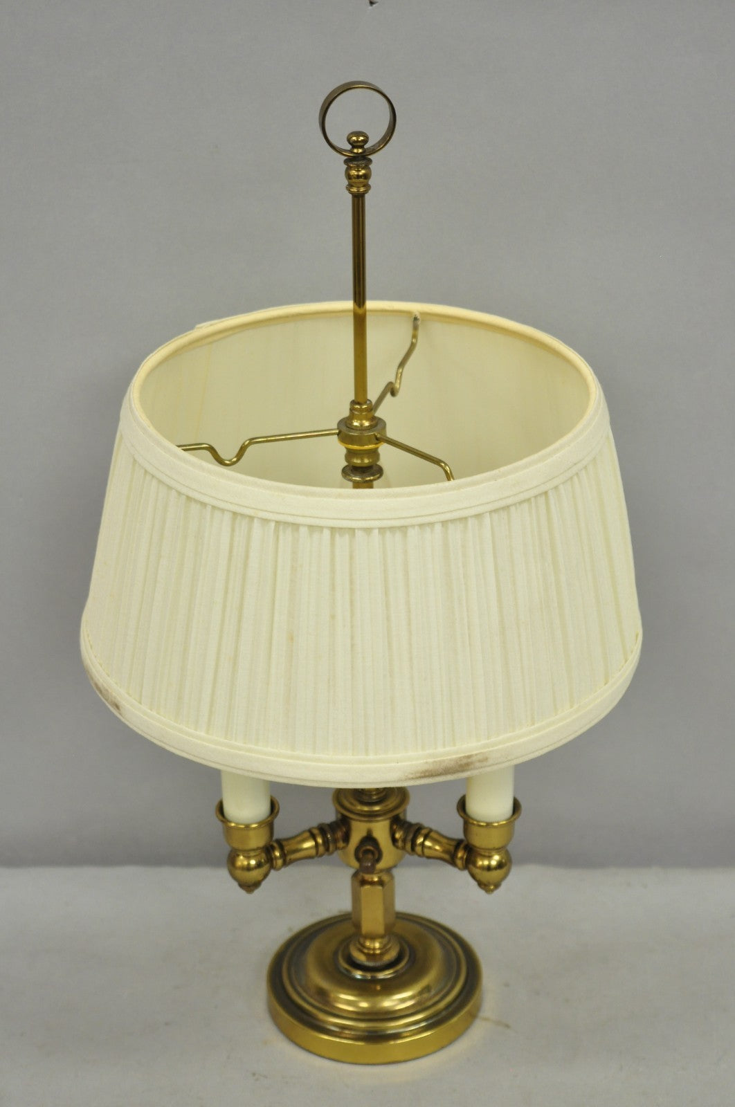 Vintage French Country Style Small Brass Candelabra Bouillotte Desk Lamp w Shade