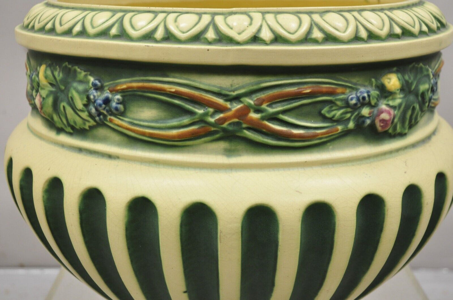 Antique Roseville Corinthian Pattern Jardiniere Planter and Rare Low Pedestal