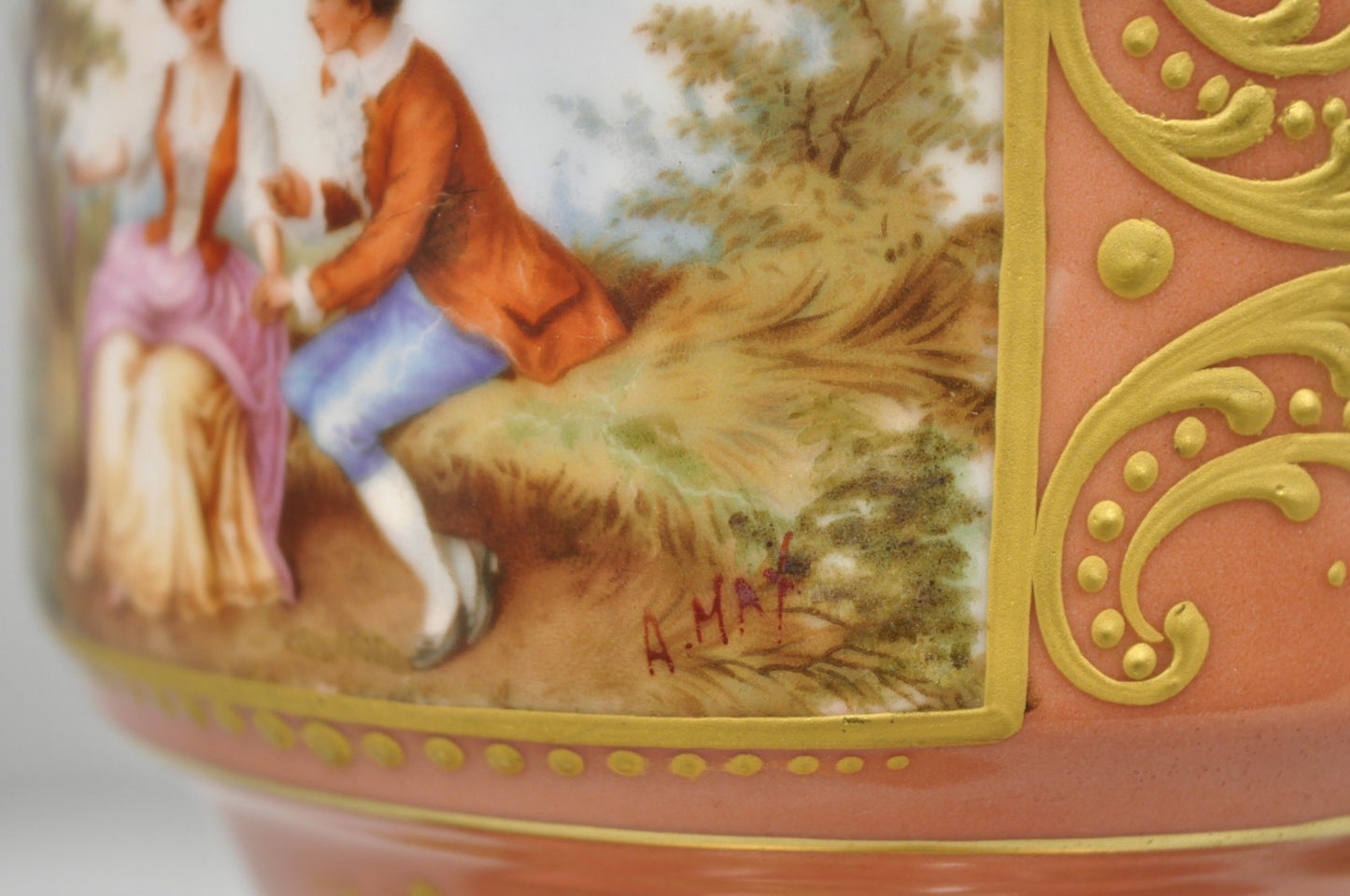 Antique French Victorian Salmon Coral Pink Porcelain Hand Painted Urn Table Lamp