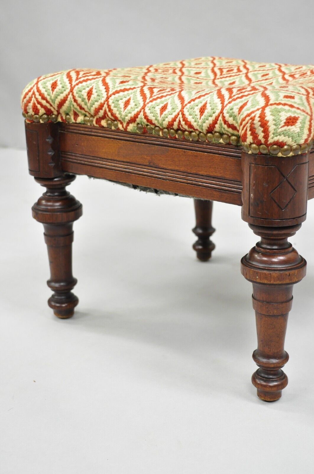 Antique Eastlake Victorian Shapely Footstool Ottoman with Turn Carved Legs