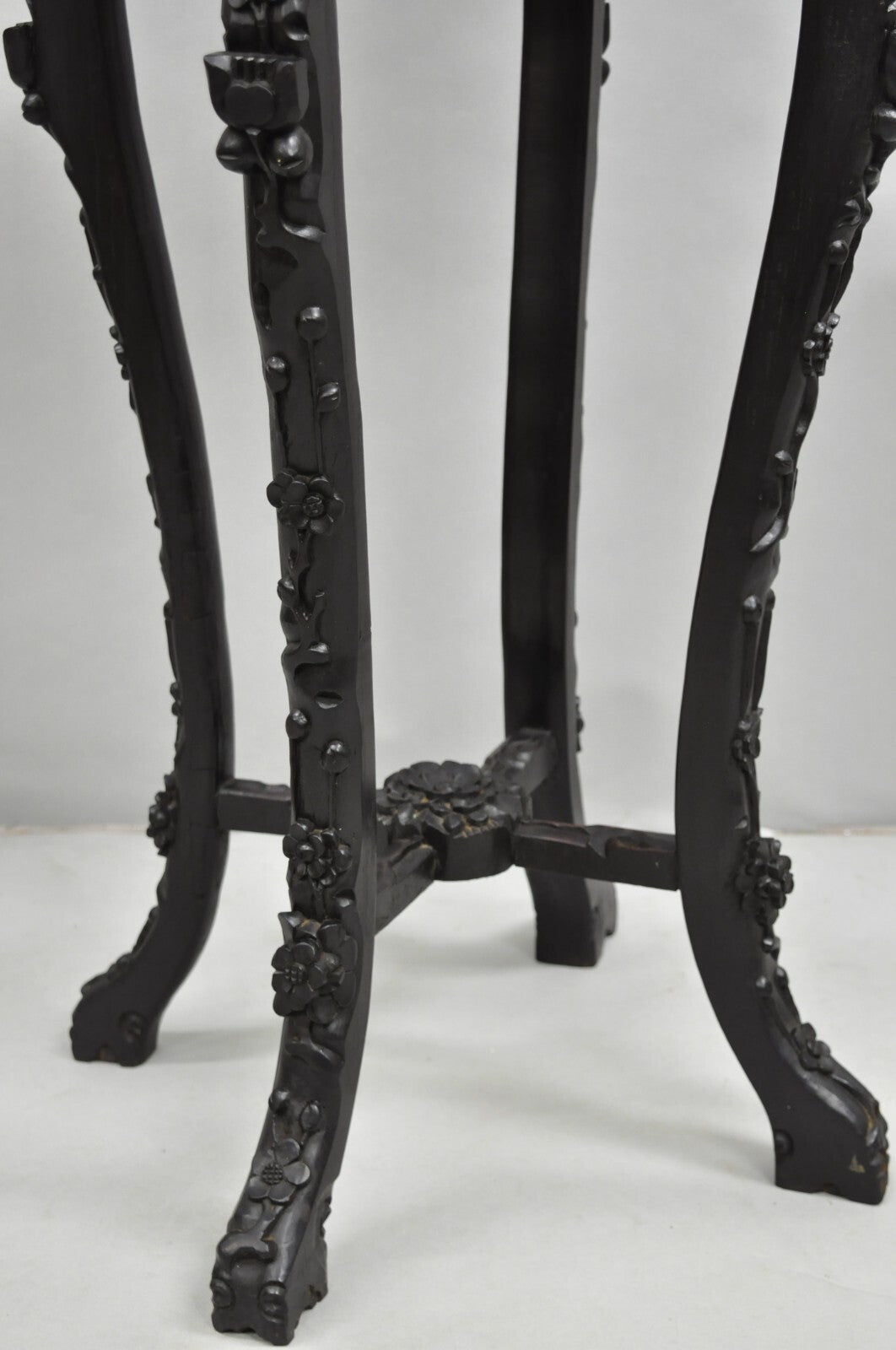 Antique Chinoiserie Chinese Carved Hardwood Marble Top 36" Pedestal Plant Stand