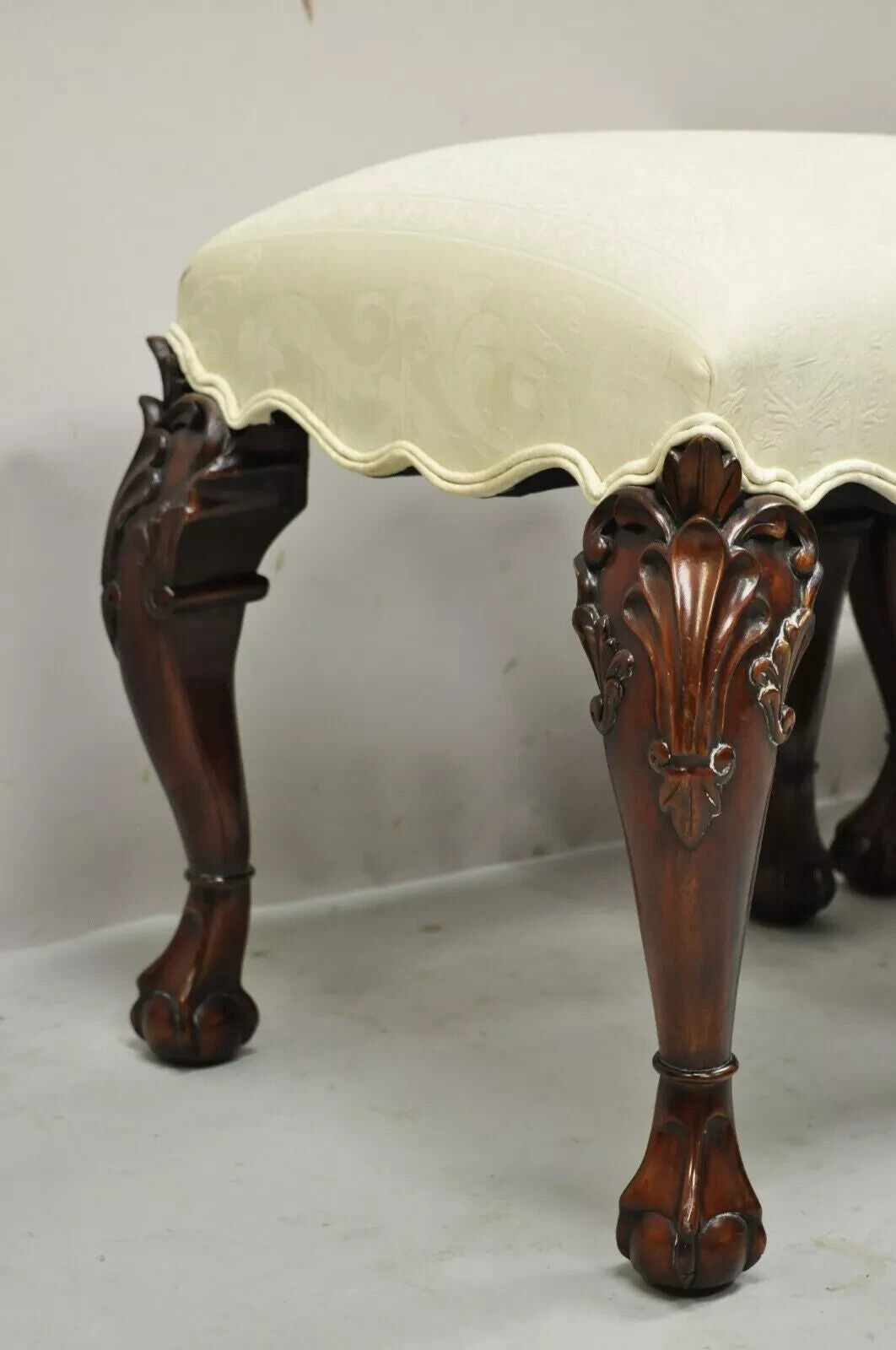 English Georgian Chippendale Style Carved Mahogany Ball and Claw Stools - Pair